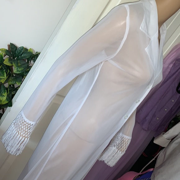 Y2K White sheer flapper fringe sexy maxi duster cardigan club coat jacket S - Picture 10 of 14